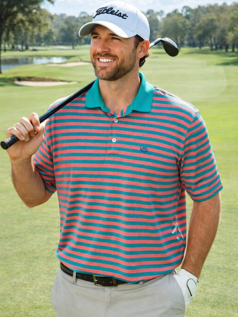 Southern Tide Polo Shirt Mens Large Pink Green Striped Performance Golf Preppy